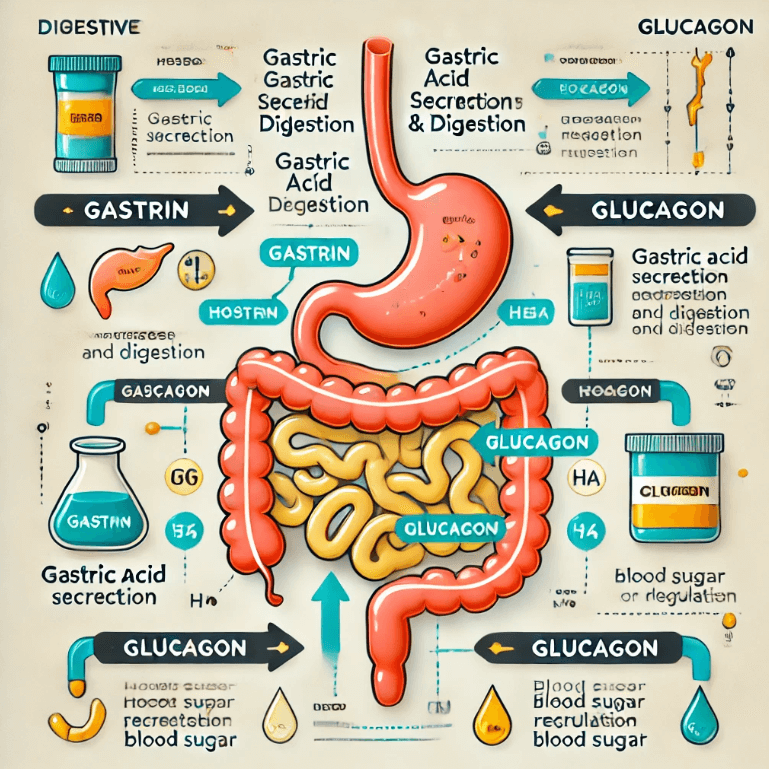 소화계와 호르몬 간의 연결을 강조하는 교육적 삽화가 있습니다 . 가스트린과 글루카곤 , 그리고 소화와 혈당 조절에서의 역할에 초점을 맞춘 그림