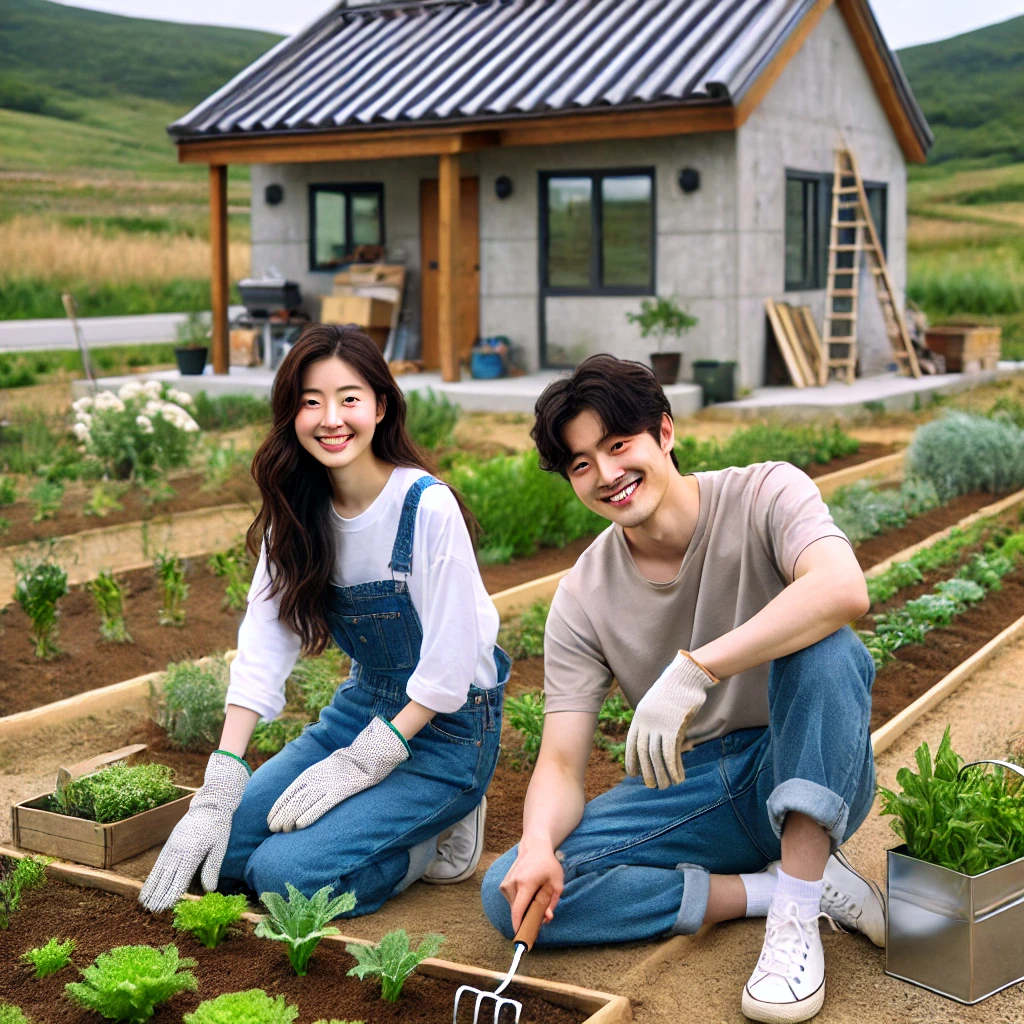 귀촌에서 생활하는 신혼생활 그림.