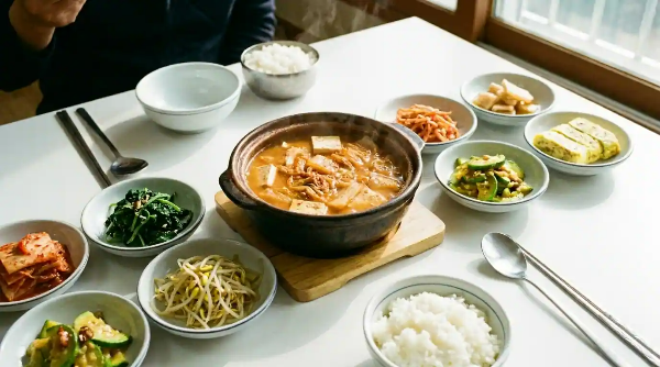 식탁에 청국장과 나물 반찬이 놓여 있음