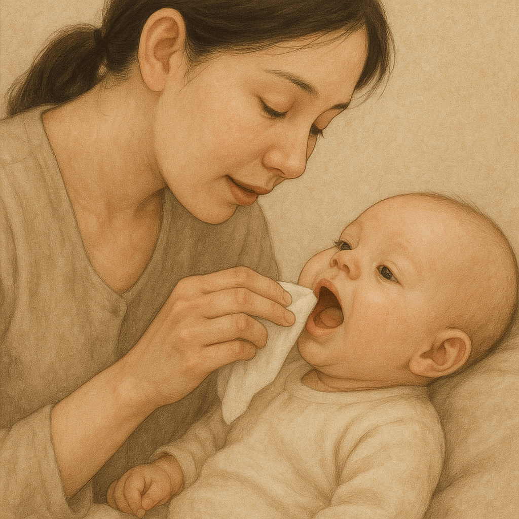 신생아 가제손수건으로 구강관리 해주는 엄마