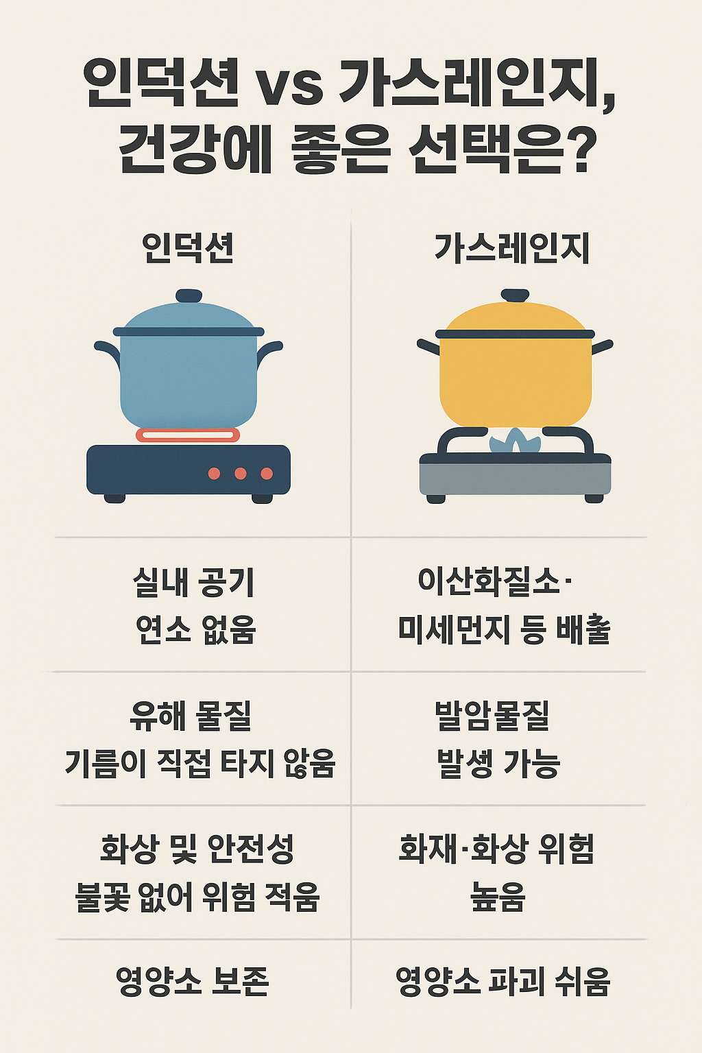 인덕션 vs 가스레인지, 건강에 좋은 선택은? ❘ 실내 공기&middot;안전&middot;영양소 비교 가이드