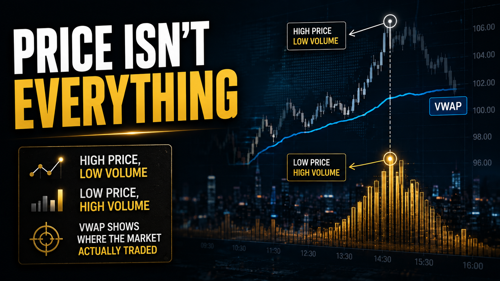 Illustration comparing price and trading volume to explain why VWAP reflects the market's true average transaction price.
