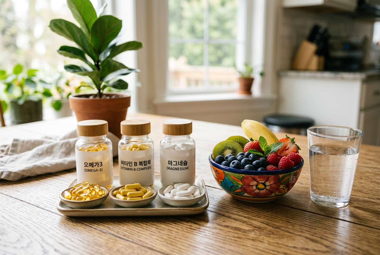 알약 형태의 오메가3, 비타민B, 마그네슘 캡슐이 놓여있고, 옆에는 신선한 과일과 물 한 잔이 있는 건강한 모습