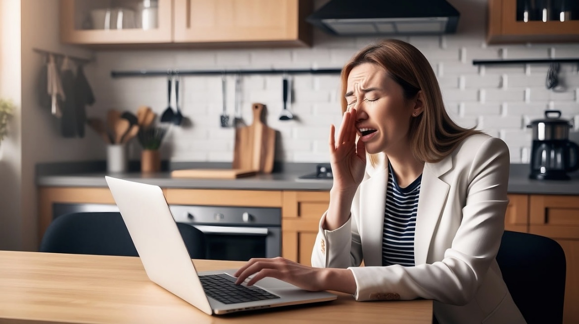 노트북 앞에서 힘들어하는 엄마 사진