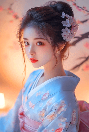 올림머리를 한 아름다운 여자가 있다. 머리엔 벚꽃으로 장식했고 하늘색의 일본 기모노를 입었다.
