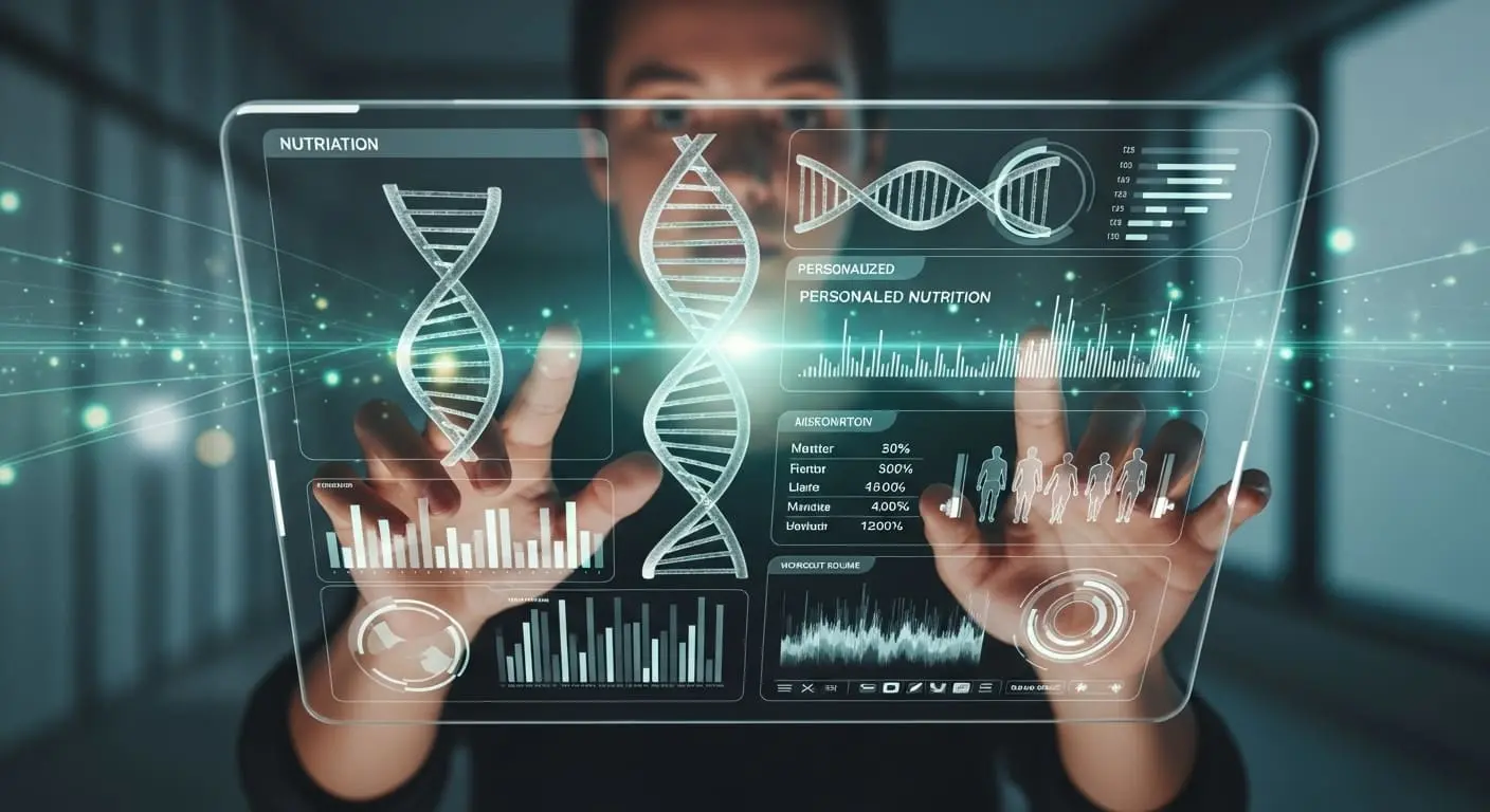 투명 태블릿으로 개인화된 건강 데이터를 확인하는 사람의 모습, 유전자 정보와 운동 계획이 시각화되어 있다.