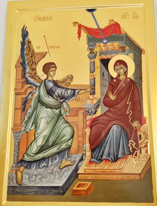 사진은 대전 원신흥동성당 안에 있는 "성모영보" 이콘 그림입니다. 왼쪽이 가브리엘 대천사이고, 오른쪽이 성모 마리아입니다.