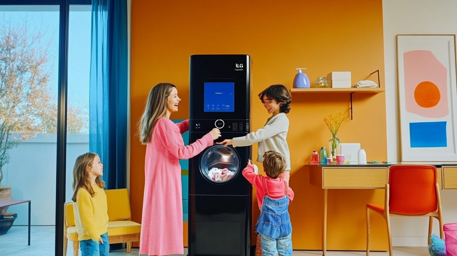다양한 기능성과 첨단 스마트 기능을 갖춘 엘지워시타워를 소유하고 활기찬 순간을 보내고 있는 에너지가 넘치는 가족의 모습