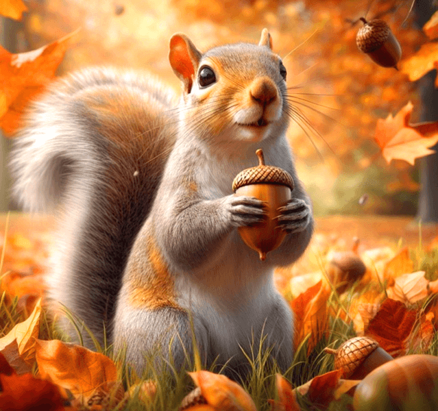 회색털을 가진 다람쥐가 도토리를 두손에 들고 있다.
