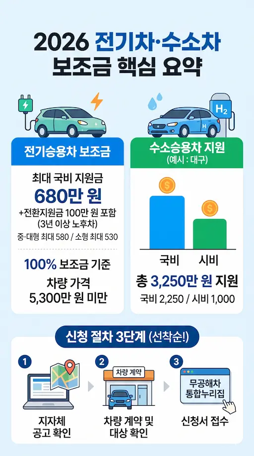 2026년 전기차 및 수소차 정부 보조금 산정 기준과 전년 대비 주요 변경점을 한눈에 볼 수 있도록 시각화한 요약 인포그래픽 일러스트 이미지
