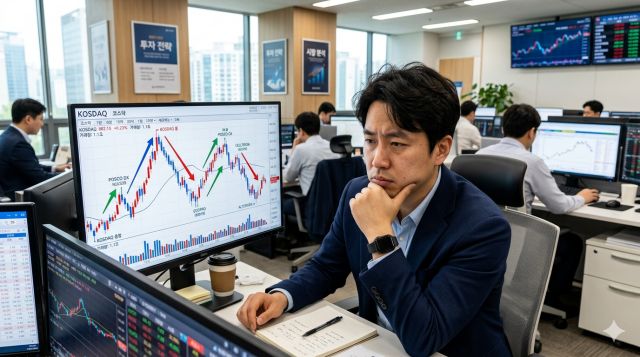 코스닥 투자 진입 시점을 고민하는 투자자와 주식 차트 이미지