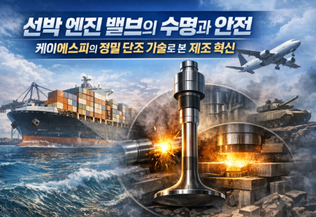 케이에스피 선박 엔진 배기 밸브와 마찰용접 및 정밀 단조 기술을 표현한 산업 이미지