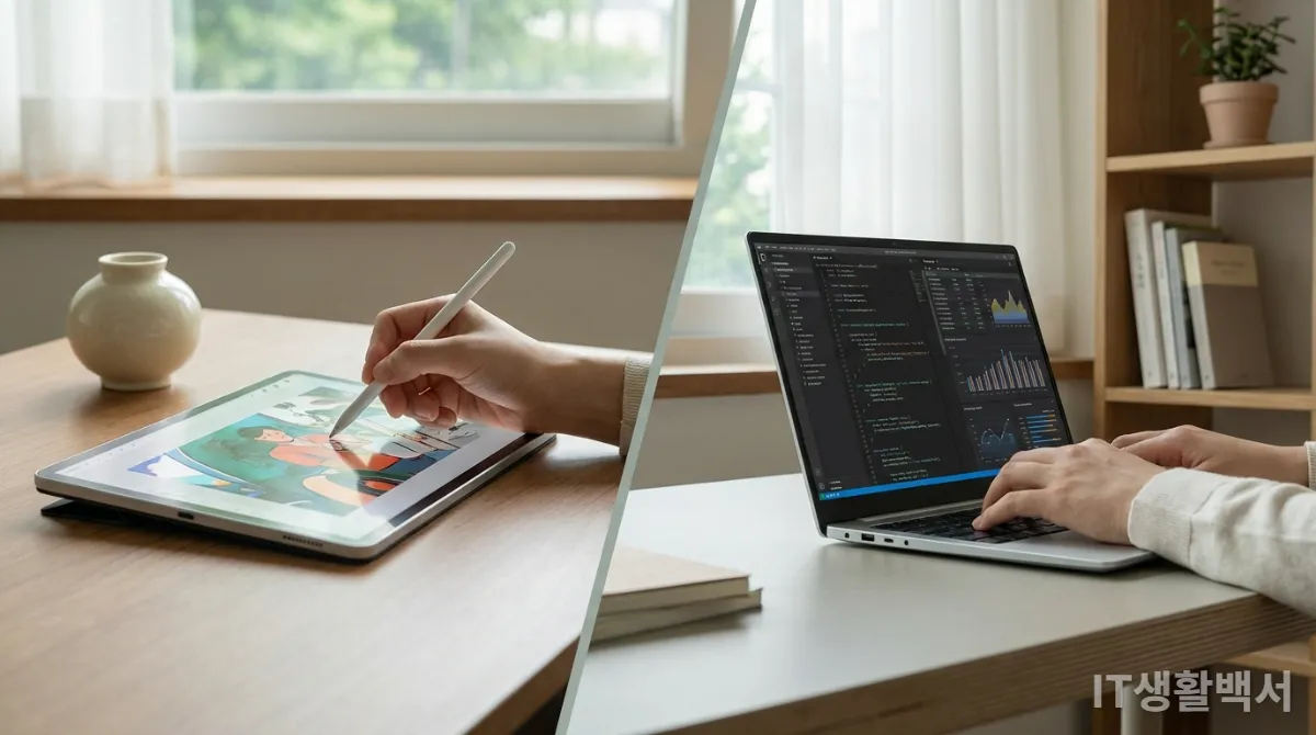태블릿과 노트북의 장단점을 시각적으로 비교하는 모습