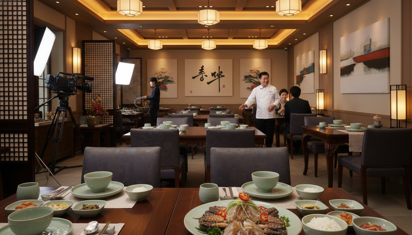 드라마 '언더커버 미쓰홍' 촬영지로 유력한 임성근 셰프의 고급 한정식 레스토랑 '성근당' 내부 전경. 전통과 현대가 조화된 우아한 인테리어와 정갈하게 차려진 한식 상차림이 돋보이는 모습.