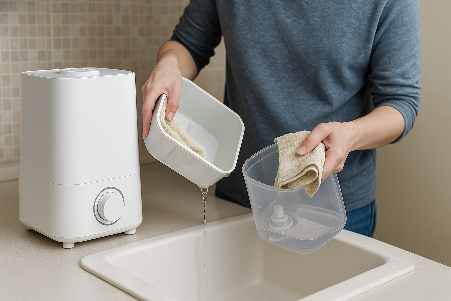 싱크대에서 가습기 물통을 비우고 마른 수건으로 내부를 닦는 모습