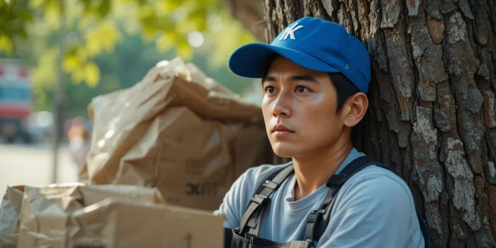 나무 그늘에서 쉬는 배달 기사