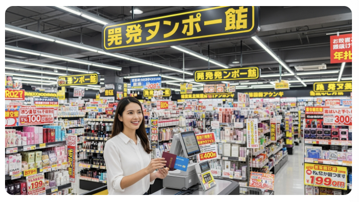 일본 돈키호테 계산대에서 신용카드와 여권을 제시하며 쇼핑 할인을 받는 여행객의 모습