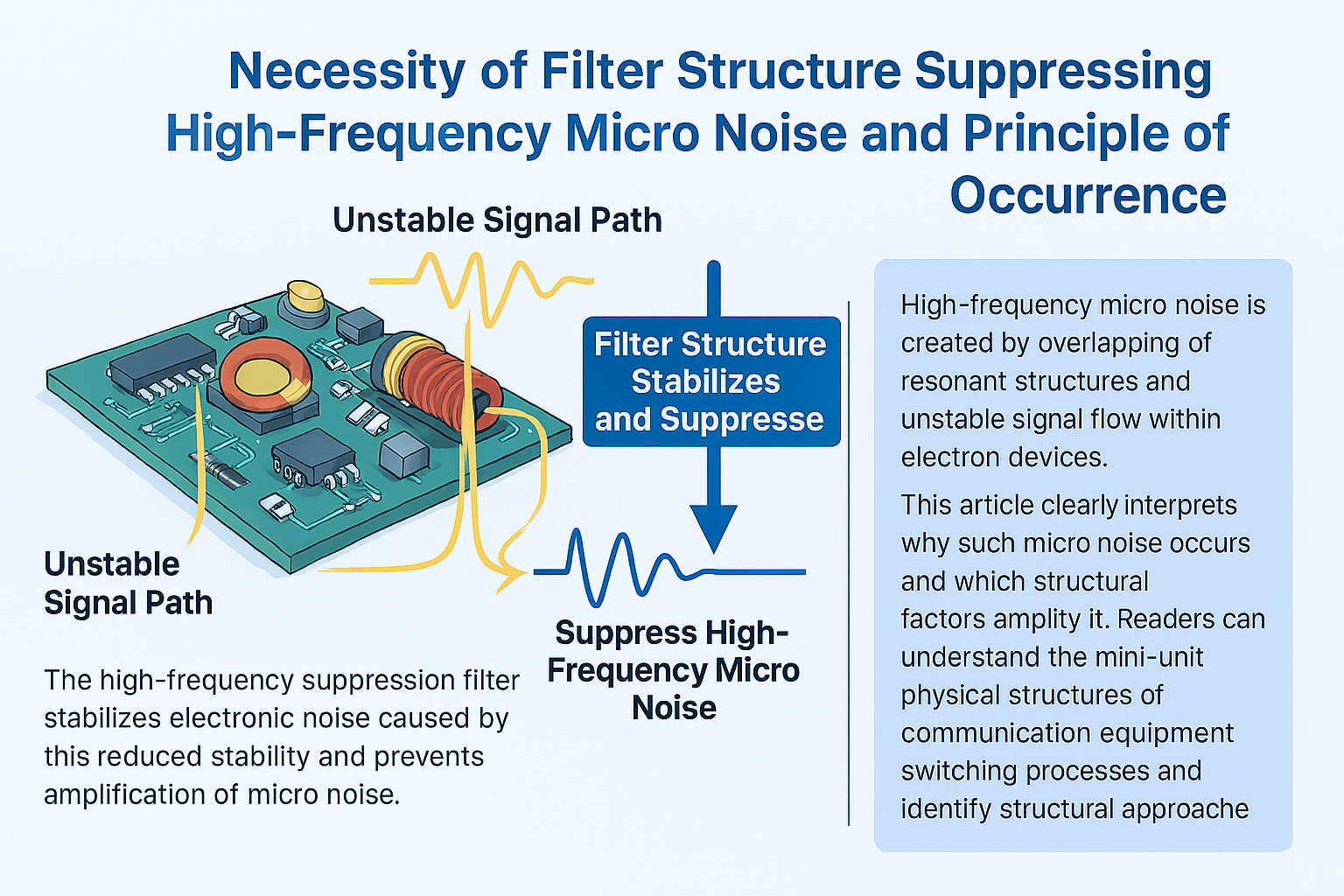 중앙의 회로 기판(PCB): 다양한 전자 부품이 장착된 회로 기판이 보이며, 고속 스위칭과 공진이 일어나는 구조를 표현합니다.
노란색 곡선: 불안정한 신호 흐름을 나타내며, 고주파 미시소음이 형성되는 경로를 시각화합니다.
고주파 미시소음 파형: 진폭이 큰 노이즈 파형이 오른쪽으로 뻗어나가며, 구조적 공진과 신호 불안정이 겹쳐진 결과를 보여줍니다.
필터 구조: 파란색 화살표와 함께 필터가 고주파 노이즈를 안정화시키는 역할을 강조합니다.
안정화된 파형: 필터를 거친 후 진폭이 줄어든 파형으로, 미시소음이 억제된 상태를 표현합니다.
