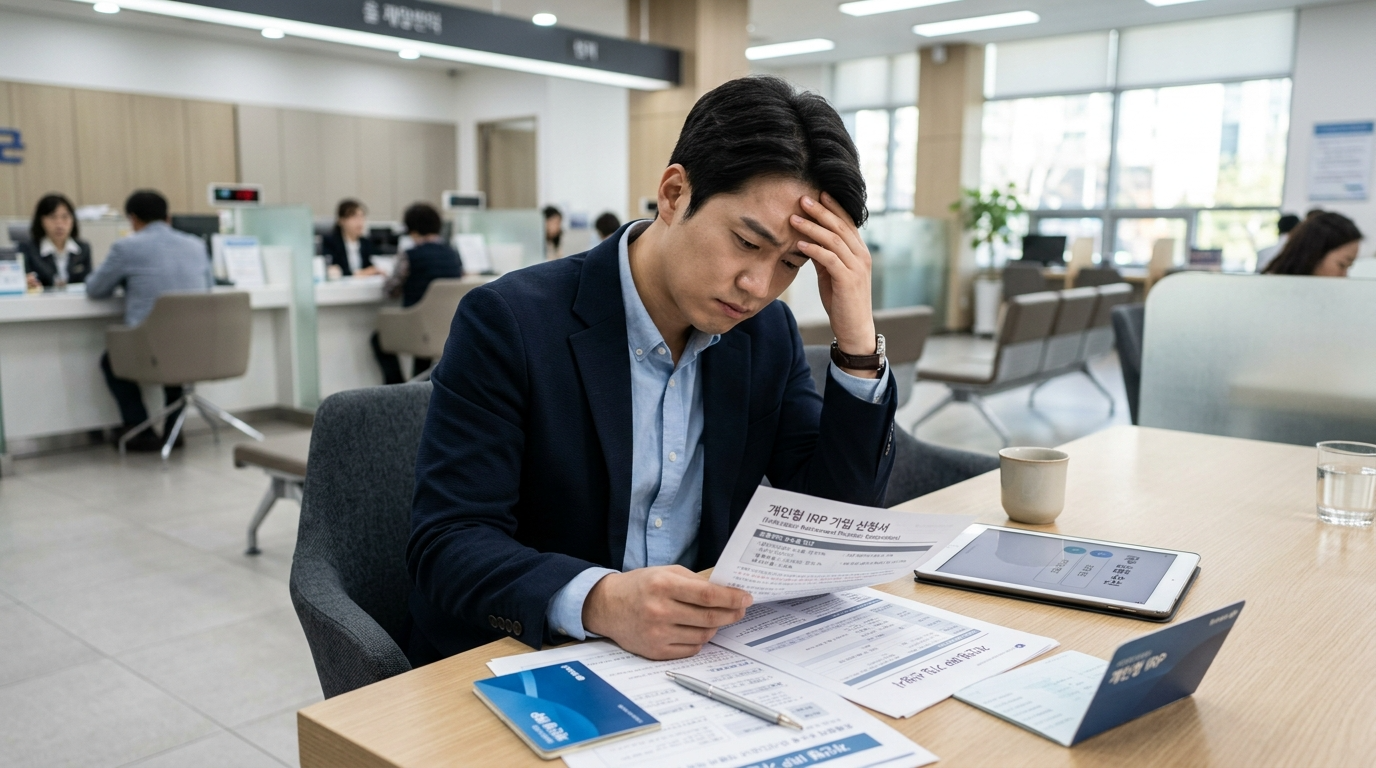 은행 지점 에서 IRP 계좌 서류를 보며 좌절한 표정의 직장인