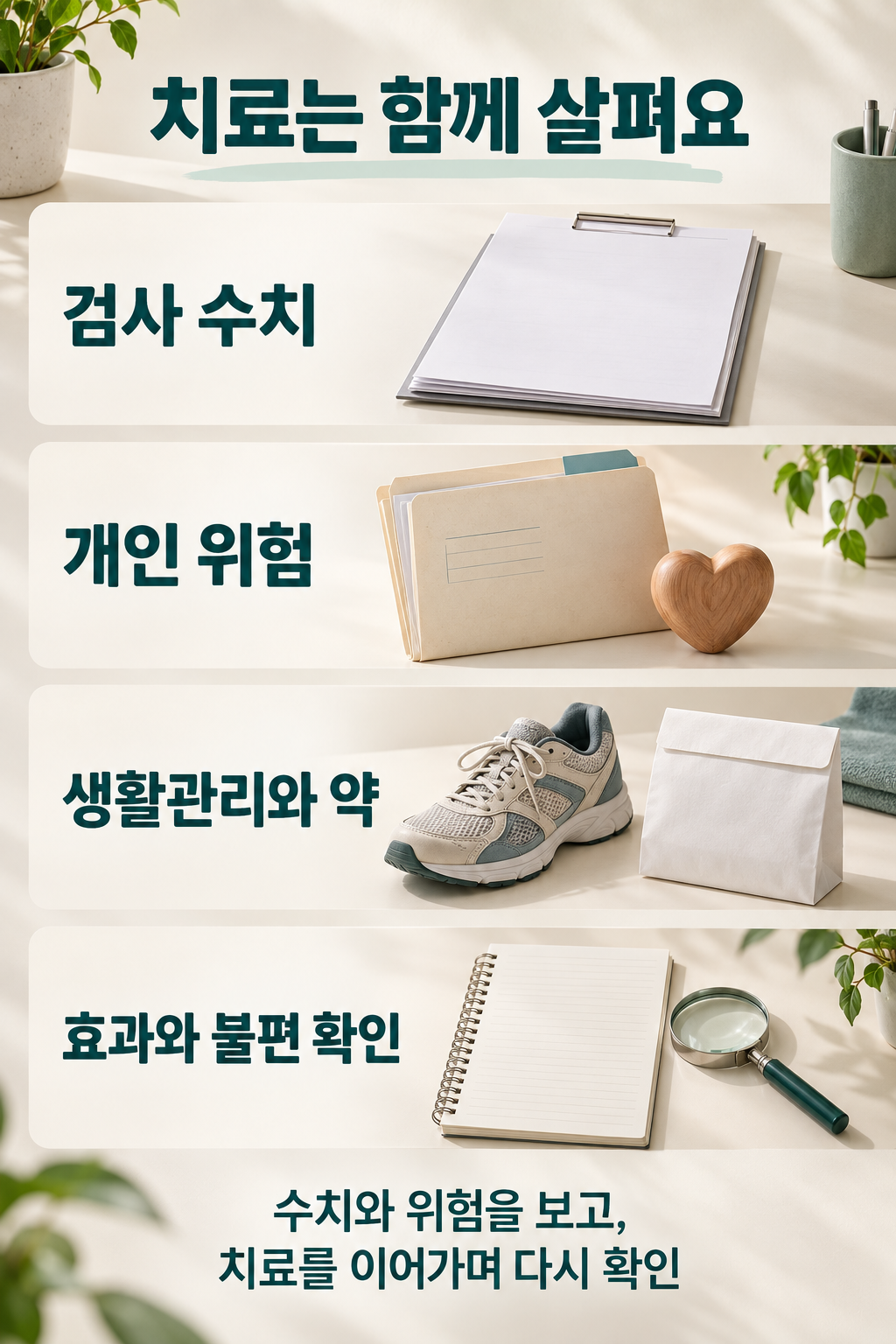 검사와 위험 평가, 치료, 추적 진료를 네 구획으로 보여 준 구성