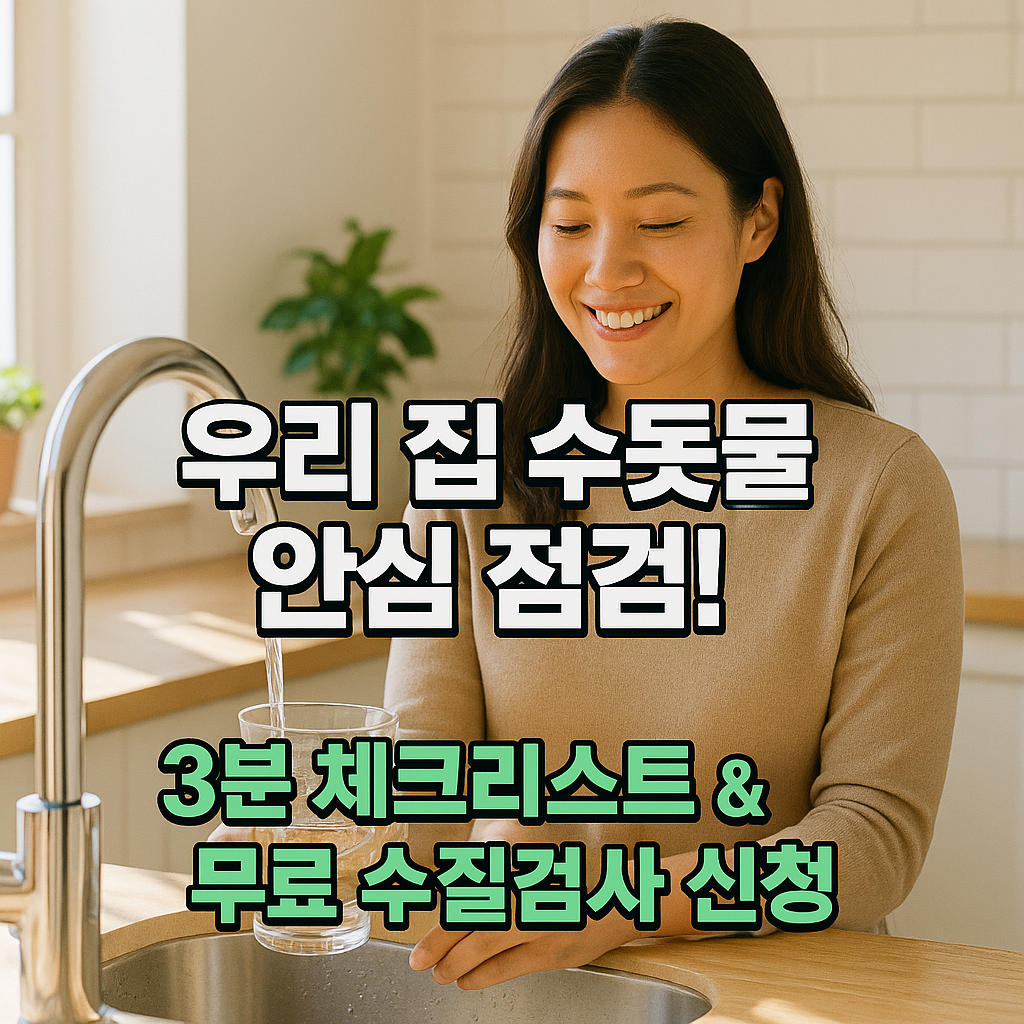 주방에서 수돗물을 따르며 미소 짓는 여성