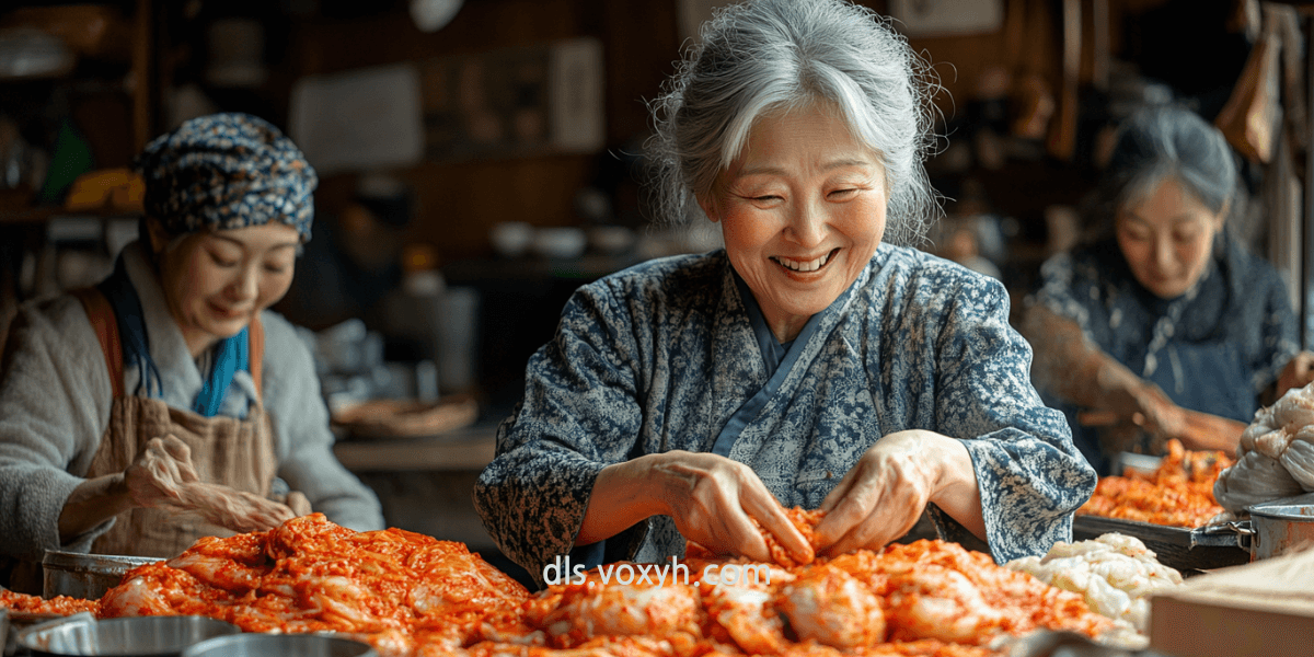 가족이 모여 즐겁게 김치를 담그고 있는 모습