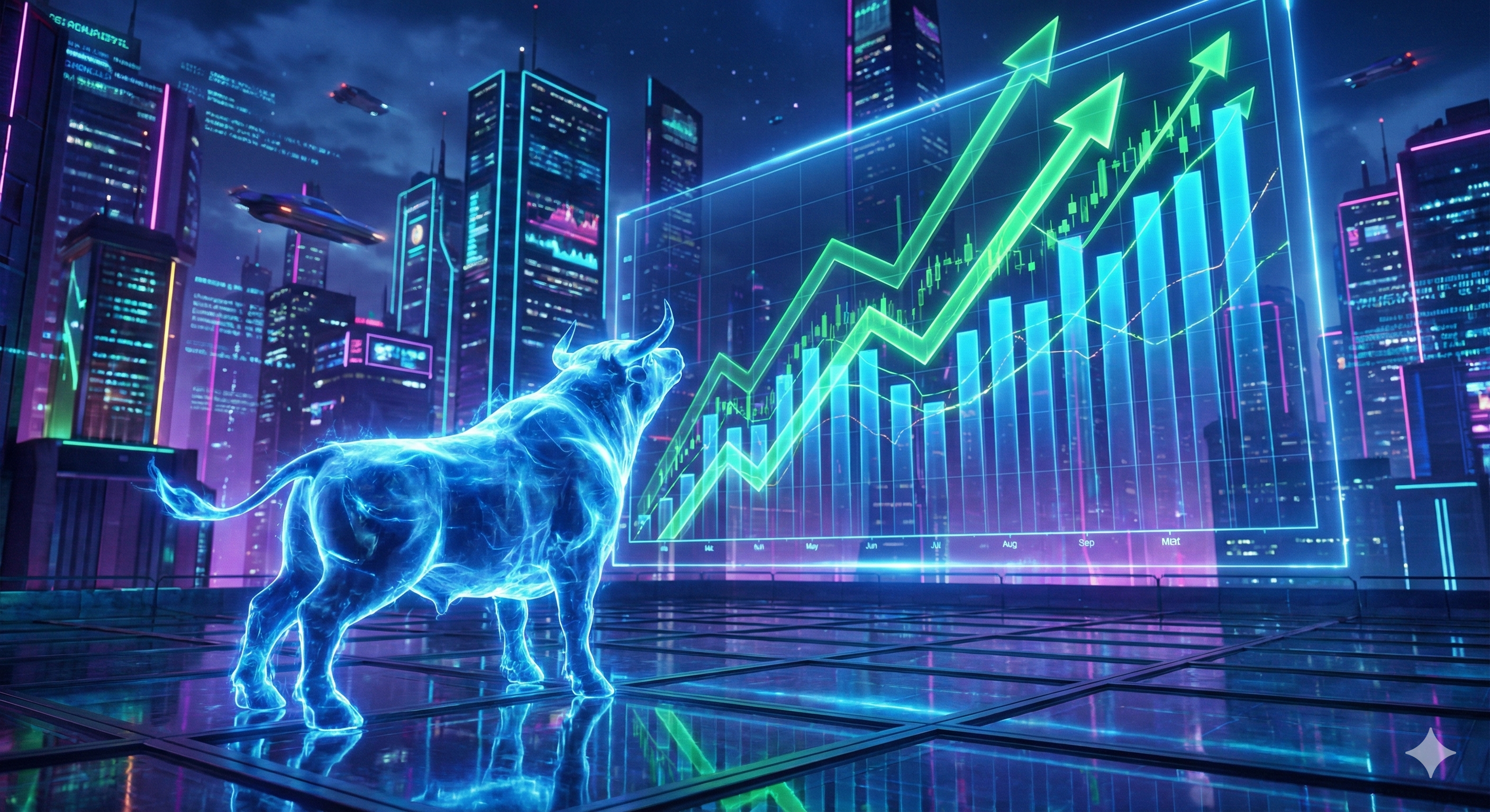 코스피 5,600선 돌파와 180% 수직 상승이라는 압도적인 상승 모멘텀을 역동적인 황소(Bull) 이미지로 직관적으로 전달