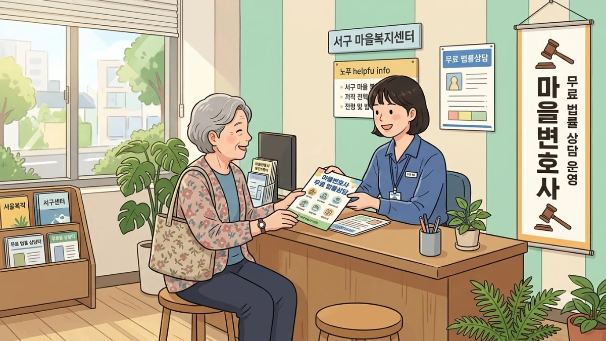 주민센터 창구에서 한국인 노년 여성이 담당 직원과 이야기하며 안내문을 받는 장면
