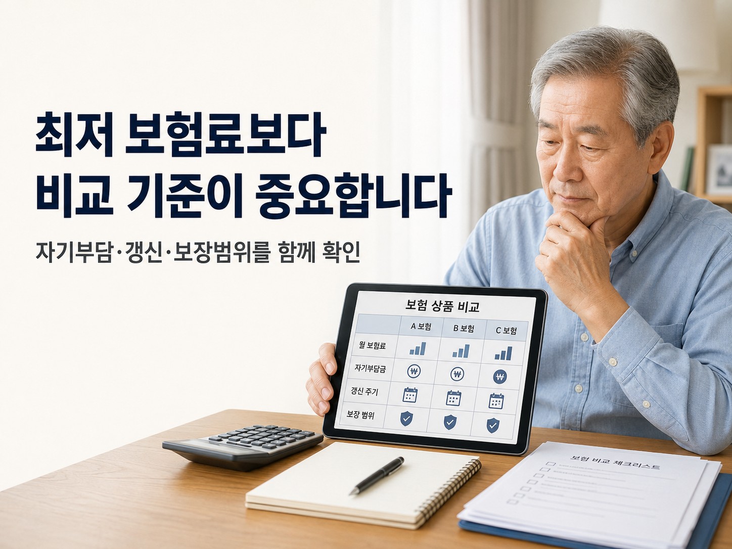 60대 한국인 남성이 컴퓨터 화면의 실손보험 비교표를 보며 월 보험료, 자기부담금, 갱신주기와 가입 가능 여부를 항목별로 확인하는 실사형 이미지