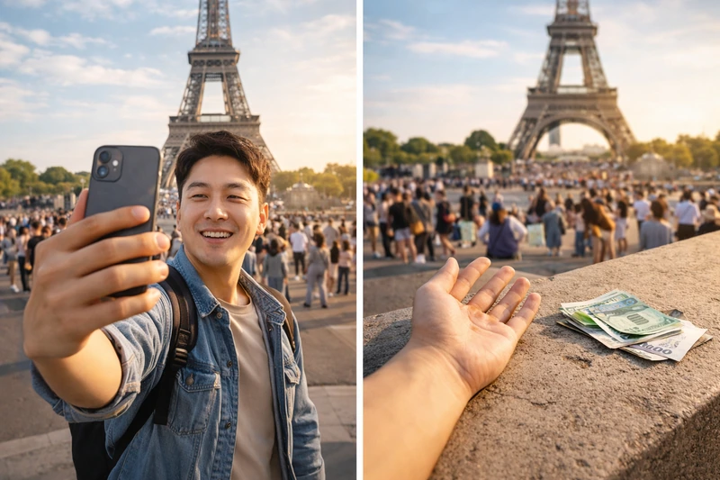 파리 에펠탑 앞에서 한국인 남성 여행자가 아이폰으로 즐겁게 셀카를 찍는 장면과, 같은 장소에서 휴대폰 없이 낮은 보험금을 상징하는 원화 지폐 몇 장만 놓인 모습을 좌우 분할로 보여주는 이미지