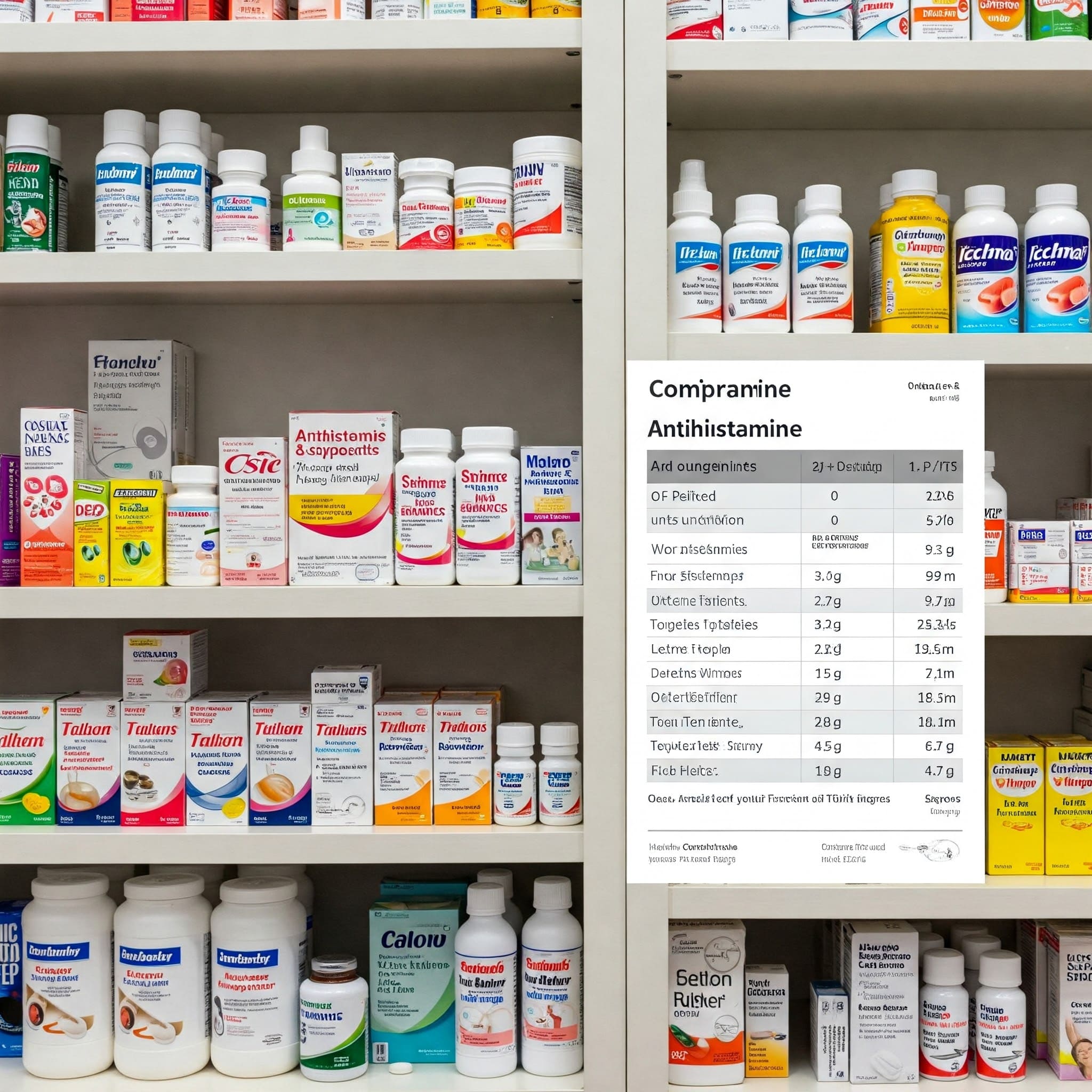 [약국 진열대에 놓인 다양한 항히스타민제 제품들 + 비교표와 함께 시각화된 약 상자들, 밝고 전문적인 톤