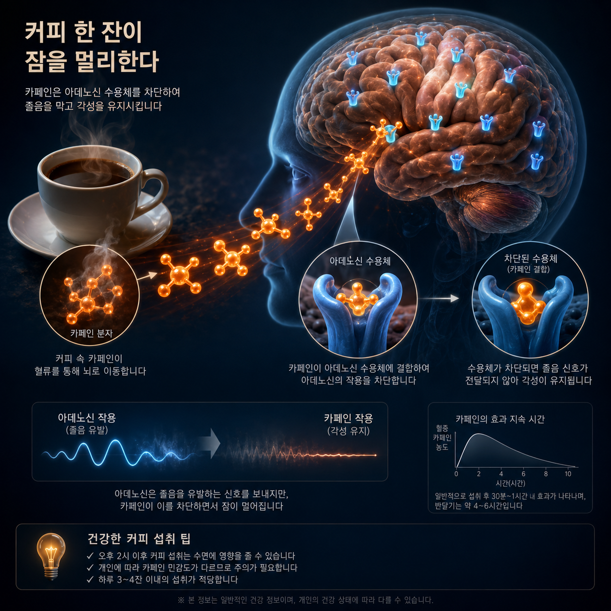 커피에서 나온 카페인 분자가 뇌의 아데노신 수용체에 결합하여 졸음 신호를 차단하는 과정을 보여주는 과학 일러스트. 카페인의 각성 효과와 수면에 미치는 영향을 설명하는 수면과학 인포그래픽.