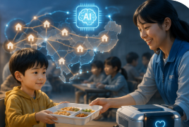 ai 지원을 받아 아이에게 도시락을 전해주는 모습