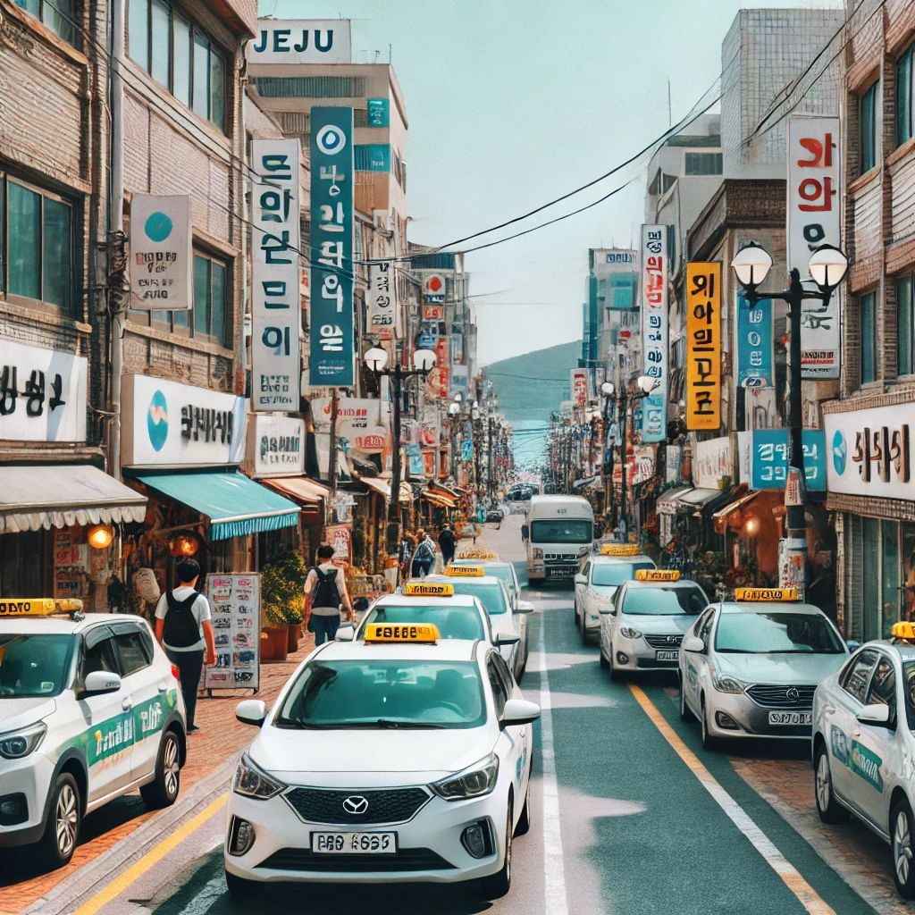 제주도의 활기찬 도시 거리, 상점과 렌트카가 주차된 거리, 맑은 날씨와 사람들의 움직임.