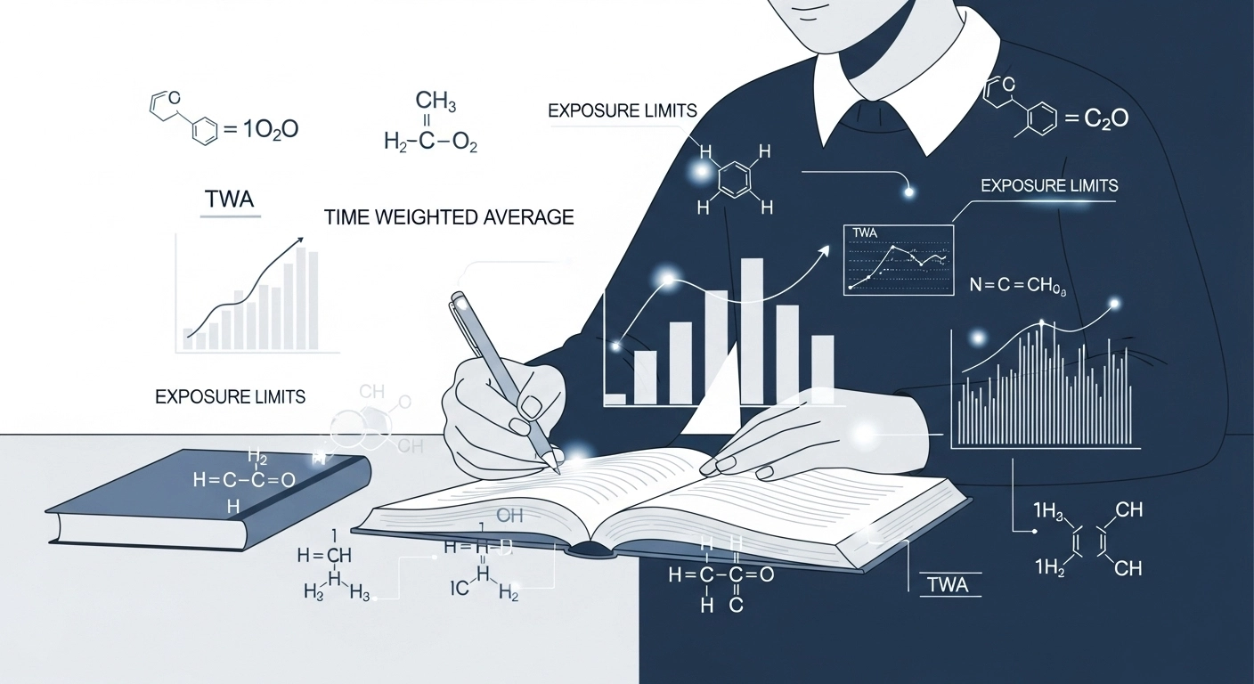 수험생이 작업환경측정 TWA 노출기준 관련 법령 교재를 공부하는 모습과 데이터 분석 그래프가 어우러진 추상적 이미지. 산업안전보건법 핵심 개념 학습에 집중하는 장면을 상징적으로 표현.