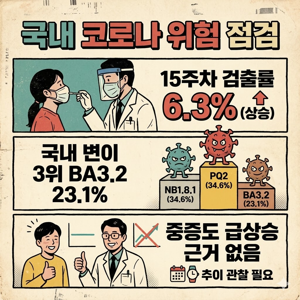 국내 코로나 유행 수준과 BA3.2 점유율을 정리한 인포그래픽, 15주차 검출률 6.3%와 국내 변이 3위 BA3.2 비중을 보여주는 내용