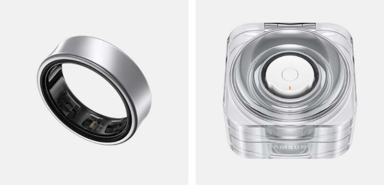 은색 삼성 갤럭시 링의 클로즈업 사진과 무선 충전 케이스가 나란히 배치된 모습