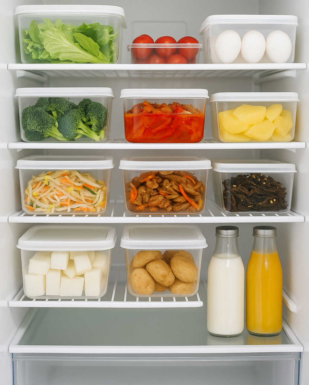 자취생의 냉장고 정리 모습 - 투명 용기로 깔끔하게 분류된 식재료