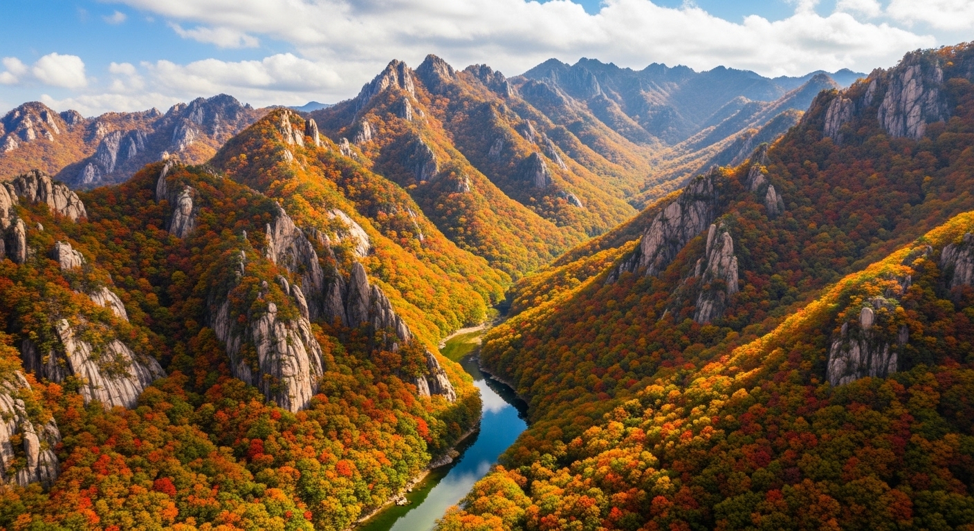 2025년 가을, 붉고 노랗게 물든 설악산의 웅장한 단풍 전경.