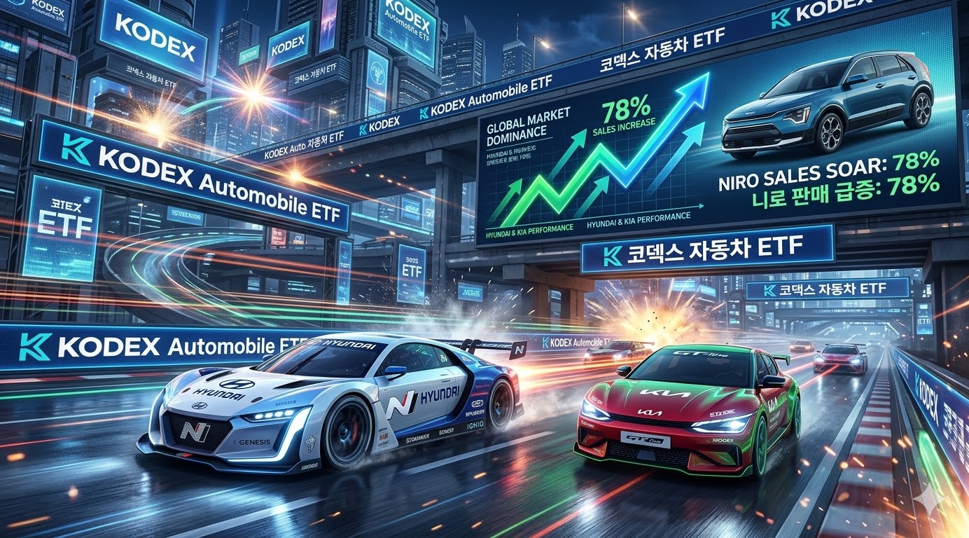 투자의 질주 - KODEX 자동차 ETF라고 적힌 레이싱 트랙 위를 기아, 현대차 로고가 달린 경주용 자동차들이 힘차게 질주하고, 그 뒤로 니로의 판매 실적 그래프가 우상향으로 뻗어 나가는 모습을 형상화한 시각 자료