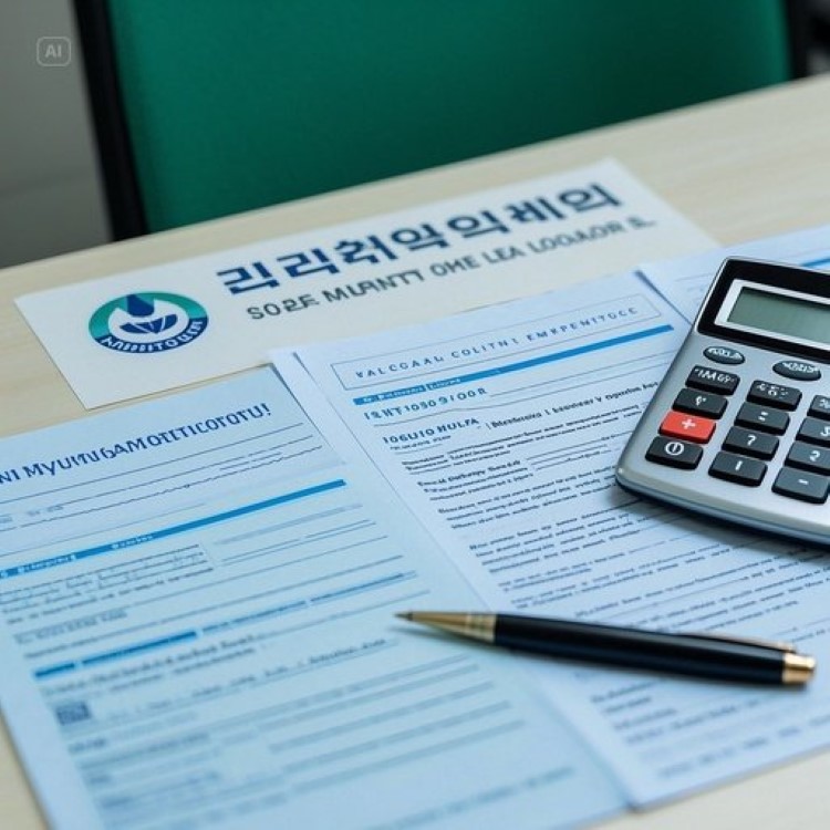 "깔끔한 책상에 놓인 급여 명세서와 계산기, 10,320원 최저시급을 상징하는 숫자가 강조된 이미지. 배경에는 고용노동부 로고와 근로계약서가 은은하게 보이며, 현대적이고 신뢰감 있는 사무실 분위기.”