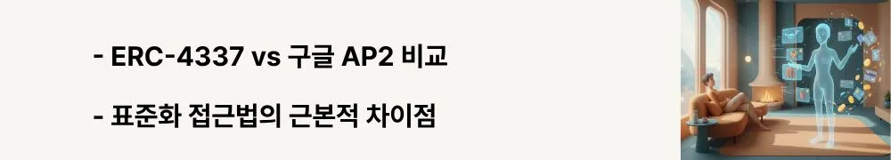 "ERC-4337 vs 구글 AP2 비교"라는 문구가 포함된 웹배너 이미지. 이 이미지는 이더리움 계정 추상화와 구글 결제 프로토콜의 차이점을 시각적으로 전달하며, 블로그의 블록체인 결제 표준 비교 주제와 관련된 내용을 설명함 (Account Abstraction Protocol Comparison)