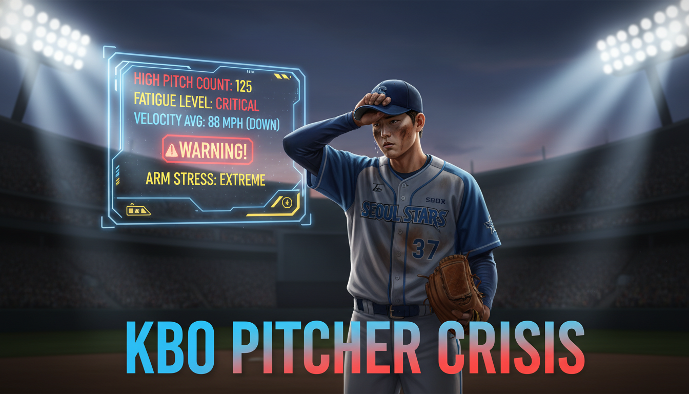 마운드 위에서 지친 기색이 역력한 젊은 야구 투수와 투구 수 경고 메시지를 보여주는 그래픽 요소