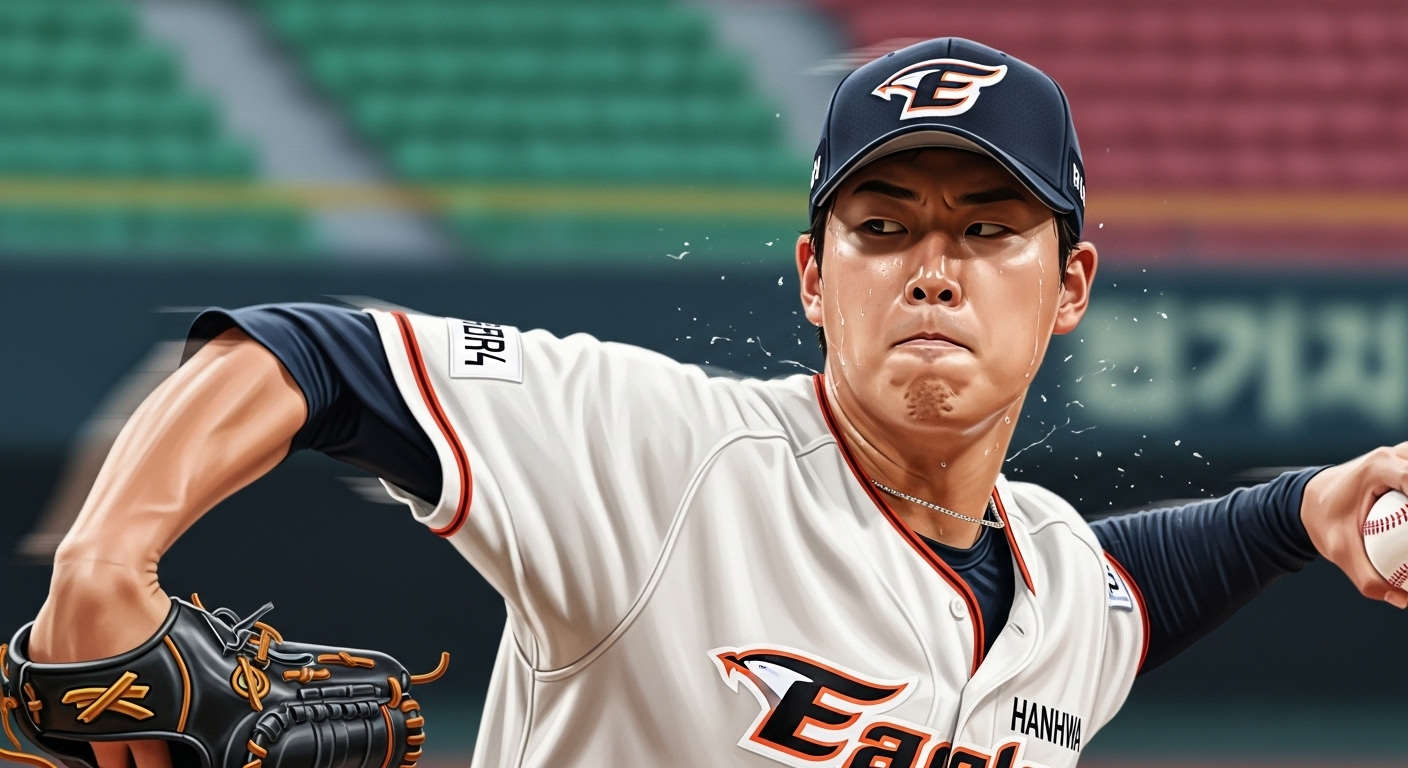 한화 이글스 에이스 문동주 선수가 역동적으로 투구하는 모습. 젊음과 패기가 느껴지는 강력한 구위가 돋보인다.