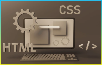 데스크톱 컴퓨터에서 html 및 css 코드를 사용하여 웹 페이지 프로그래밍 3D 렌더링.