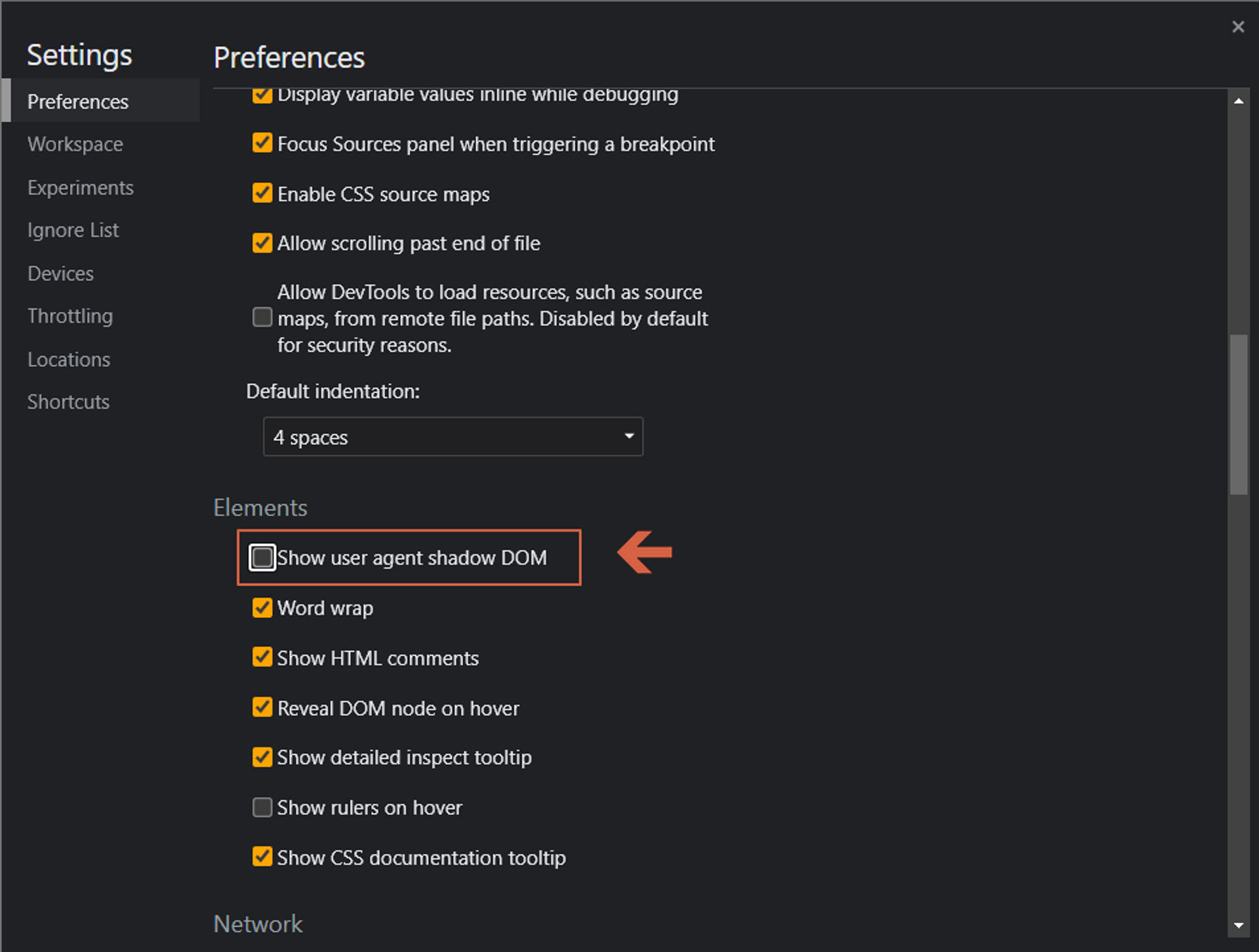 Shadow DOM 보기 활성화