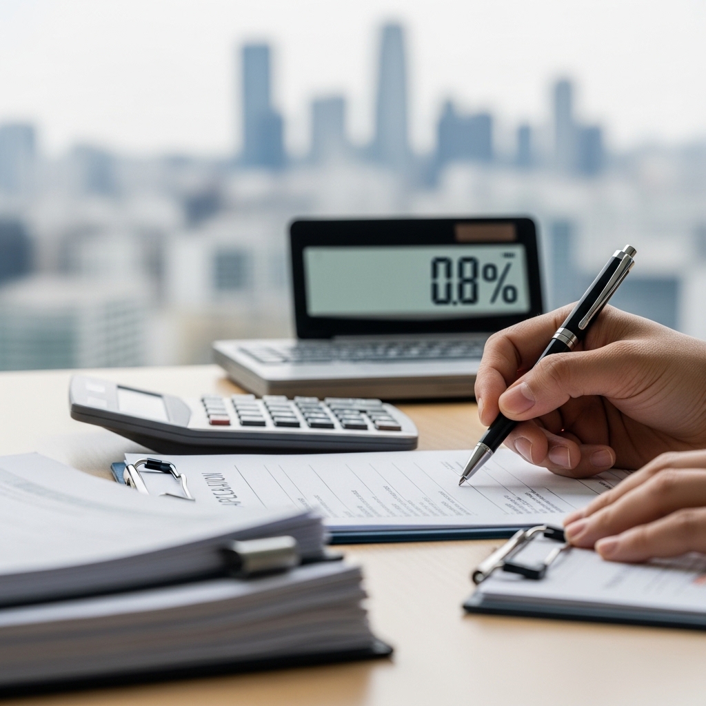 서울시 BRP 융자 사업 신청서를 작성하는 손과 0.8% 금리가 표시된 계산기, 서류들