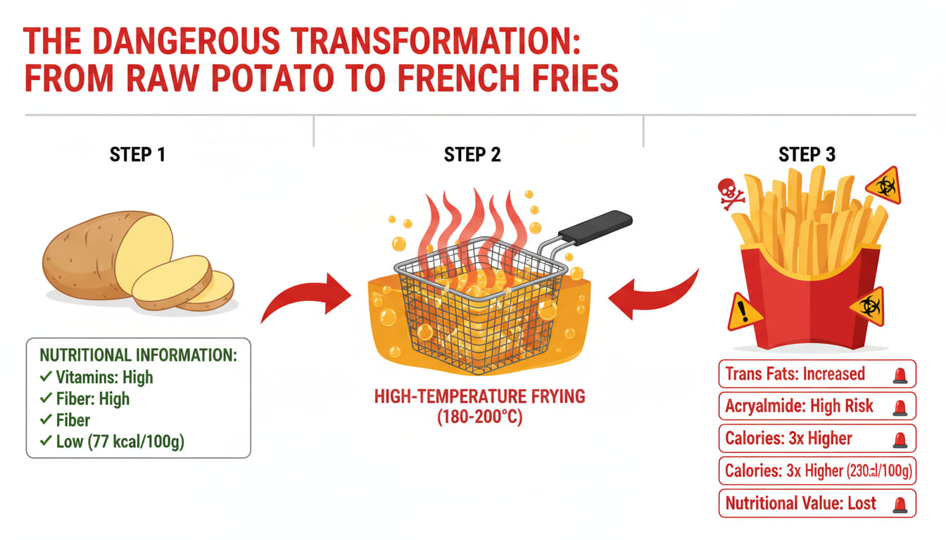 생감자 → 고온 튀김 → 트랜스지방 및 아크릴아마이드 생성 과정을 화살표로 순차적으로 보여주는 인포그래픽