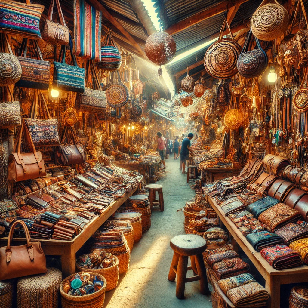 보홀의 전통 시장에서 진열된 다양한 가죽 제품과 수공예품 모습