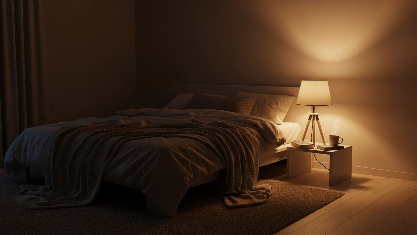 따뜻한 조명 아래 놓인 침대와 부드러운 담요가 있는 아늑한 침실. 숙면을 유도하는 수면 환경과 편안한 밤 루틴을 나타내는 인테리어 이미지.
